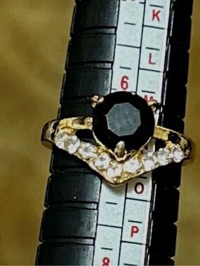 Gold-Tone Black Stone and Clear Crystal Women’s Ring